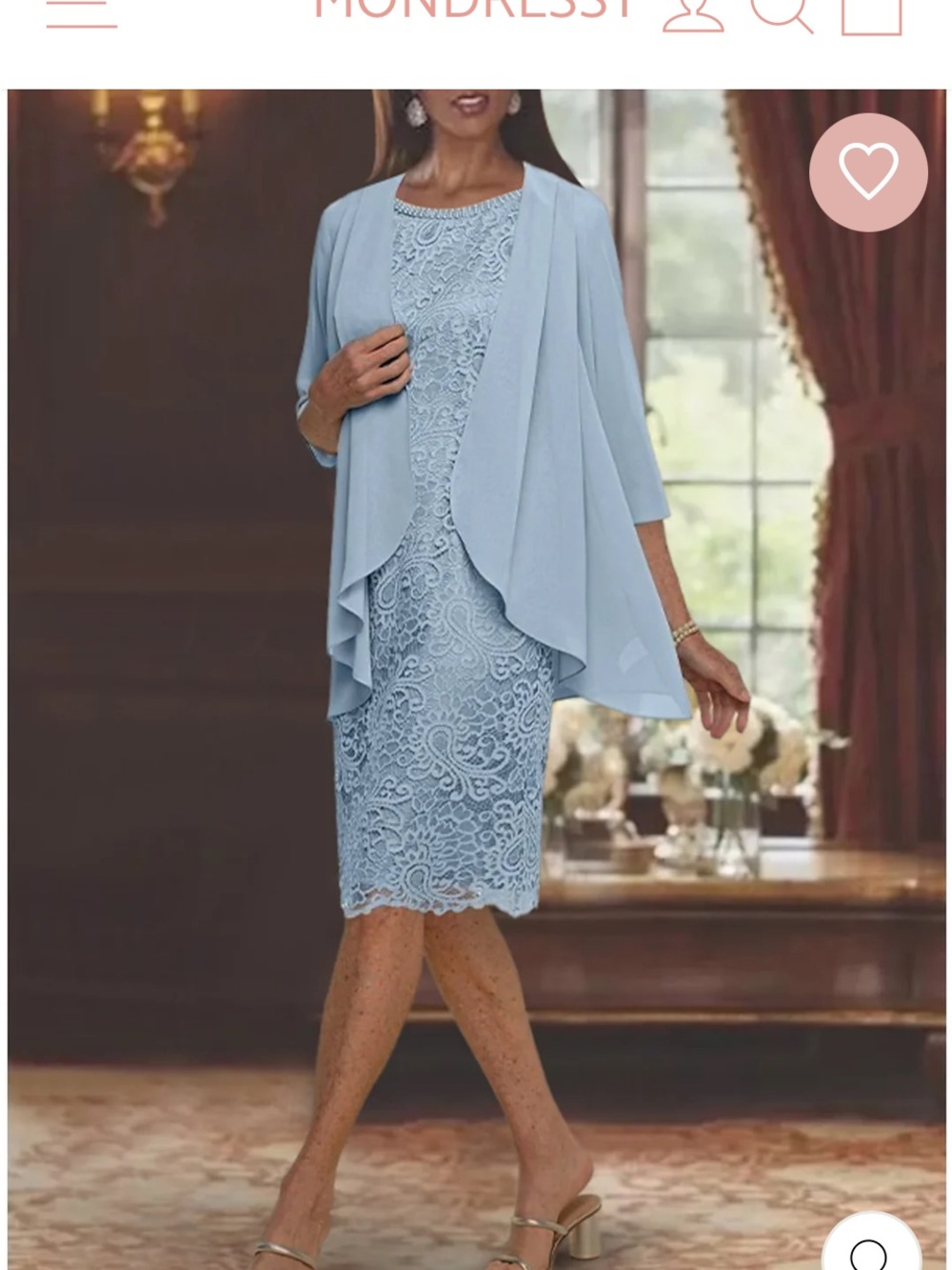 Light Blue Lace Sheath Dress with Draped Jacket - Women’s Wedding Guest